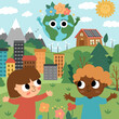 © Lexi Claus - Vector eco city scene with cute kids. Ecological town landscape with alternative energy concept. Green city illustration with buildings, children, plants. Earth day or nature protection picture.