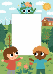 Wall Mural - Vector eco life scene with cute kids. Vertical card template with ecological landscape. Green city illustration with forest, children, plants. Earth day or nature protection banner.