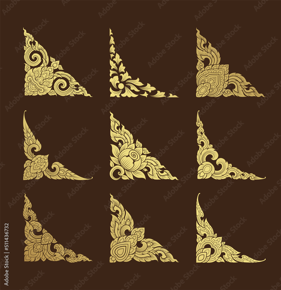 Set corner art, asian buddhism temple element and background pattern ...