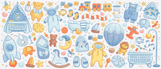 hand drawn baby boy shower set. vector illustration of cartoon toys, clothes and flowers isolated on