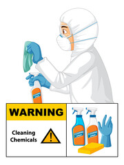 Wall Mural - Man in protective hazmat suit with warning cleaning chemicals sign