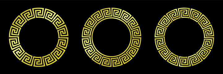 Golden greek circle frames set. Vintage ornaments on black background.