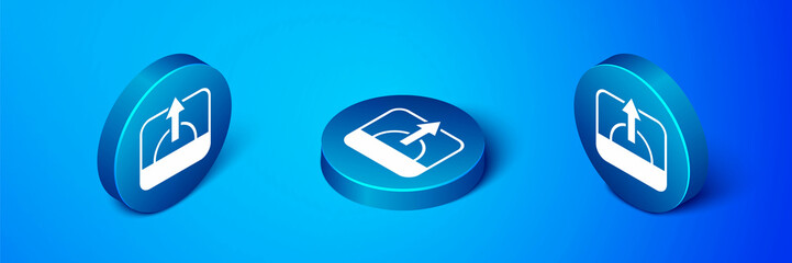 Sticker - Isometric Sunrise icon isolated on blue background. Blue circle button. Vector