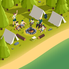 Wall Mural - Isometric Summer Camp Illustration