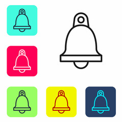 Canvas Print - Black line Church bell icon isolated on white background. Alarm symbol, service bell, handbell sign, notification symbol. Set icons in color square buttons. Vector