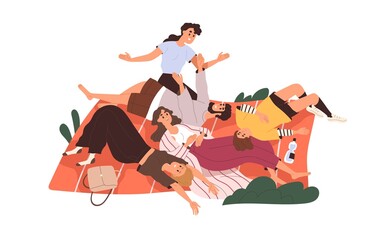 Sticker - Happy friends relaxing on picnic blanket together. Young people resting, having fun outdoors at leisure time on summer holidays, weekend. Flat vector illustration isolated on white background