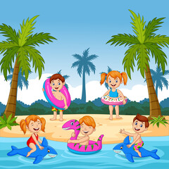 Wall Mural - Cartoon happy children playing on tropical island