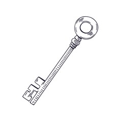 Aufkleber - Outlined etched woodcut drawing of long door key drawn in vintage retro style. Contoured etched black and white locking item. Isolated detailed monochrome handdrawn sketchy vector illustration