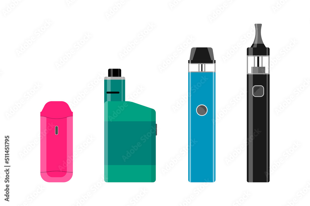 Electronic cigarette set. Colorful vape pen hipster equipments for smoking.  E-cigarette collection for vaping. Different vaporizers for vaping shop  advertising. Vector flat eps illustration Stock Vector