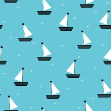 Seamless Vector Pattern Of Boats And Seagulls. Bright Blue  Background. Fashionable Marine Print For Textiles, Wallpaper And Packaging.