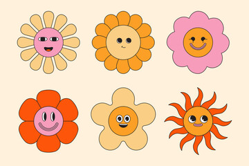 Poster - Vector illustration in simple linear style - design templates and stickers - hippie, happy and groovy smiley characters