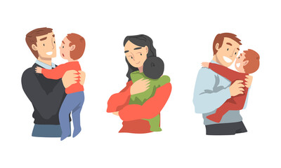 Sticker - Man and Woman Character Holding Baby with Arms Nursing Him Vector Illustration Set