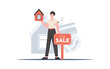 © Javvani - A man with a for sale sign holds a small house in his hands. The concept of selling a house. trendy style. Vector illustration.