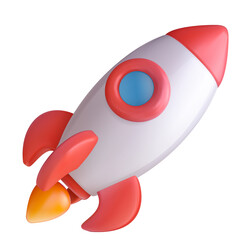 Wall Mural - Realistic 3d cartoon flying rocket on white background. Cute stylised spaceship. Colorful bright vector illustration for science, game, business. Sweet glossy plastic element. Creative concept art.