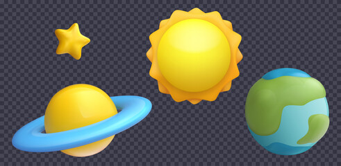 Fototapete - Set of 3d realistic cartoon space nature elements isolated on transparent background. Star, planet, sun, earth. Collection glossy cute children objects in minimal style. Modern vector illustration.