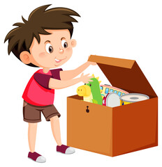 Wall Mural - A boy putting his toy into the box