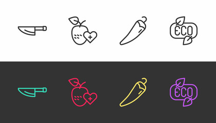 Poster - Set line Knife, Healthy fruit, Hot chili pepper and Leaf Eco symbol on black and white. Vector