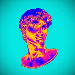 Abstract digital illustration of solarized colorful effect of marble male classical bust sculpture from 3d rendering on turquoise background.