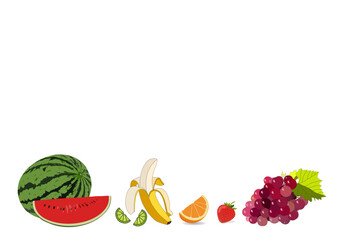 Fruits on white background. Menu template. Watermelon, lime, orange, grape, banana.