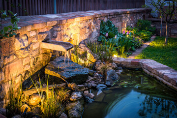 Garden water feature in the evening light