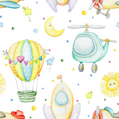  balloon, helicopter, airplane, rocket, sun, moon, stars. Seamless pattern, painted in watercolor, in cartoon style, on an isolated background.