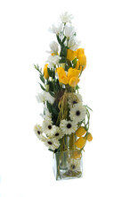 Nice Yellow Daisies In Glass Vase On White