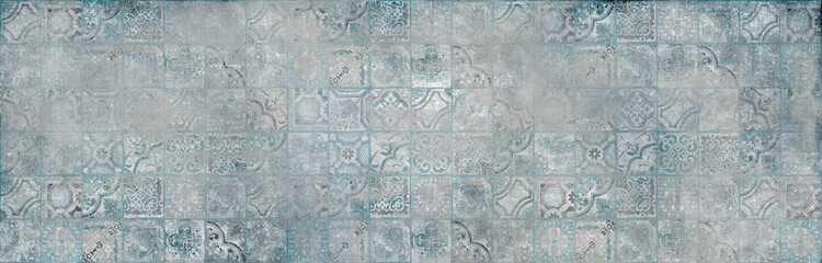 Wall Mural - blue old cement texture and retro tiles background, vintage backdrop