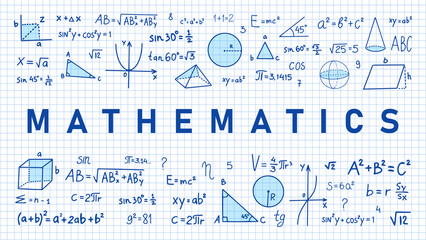 Wall Mural - Hand drawn math symbols. Math symbols on notebook page background. Sketch math symbols
