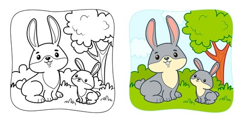 Wall Mural - Coloring book or Coloring page for kids. Rabbit vector clipart. Nature background.