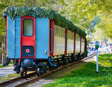 Children's, Railway Cars Covered With A Camouflage Net Travel Along A Narrow-gauge Track In The Park.