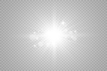 Special lens flash, light effect. The flash flashes rays and searchlight. illust.White glowing light. Beautiful star Light from the rays. The sun is backlit. Bright beautiful star. Sunlight. Glare.	