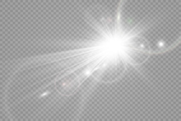 Special lens flash, light effect. The flash flashes rays and searchlight. illust.White glowing light. Beautiful star Light from the rays. The sun is backlit. Bright beautiful star. Sunlight. Glare.	