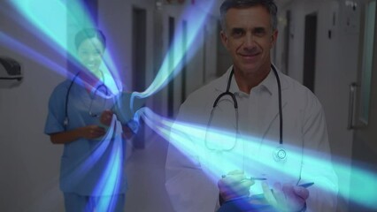 Wall Mural - Animation of network of connections over two diverse doctors