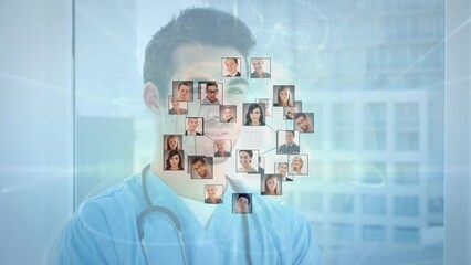 Poster - Animation of network of connections over caucasian male doctor
