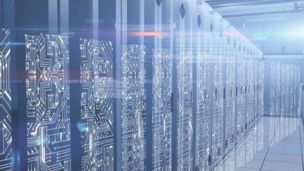 Poster - Spot of light and microprocessor connections over empty computer server room