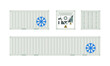 Sea freight container in white color. Reefer, Refrigerator or Cool container is used to transport perishable products in the logistics business. Front and side view on a white background.