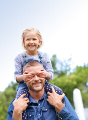 Sticker - In control from an early age. Shot of a little girl on her daddys shoulders covering his eyes with her hands.