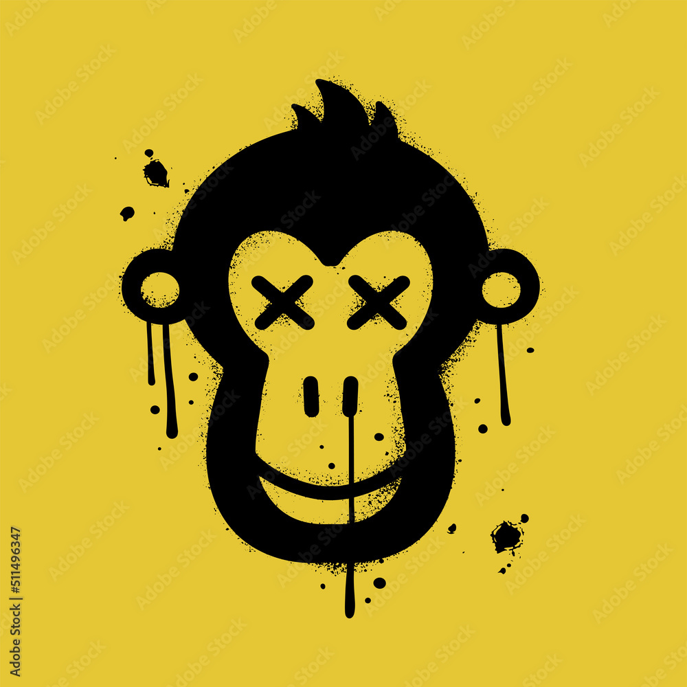 Ape with bored face in Urban street graffity style. Monkey NFT artwork.  Crypto graphic asset. Vector textured illustration. Black icon is isolated  on yellow background. Stock Vector | Adobe Stock