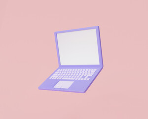 Poster - Purple laptop blank screen display icon floating isolated on pink background. Computer, notebook ,copy space. cartoon minimal style.3d rendering illustration