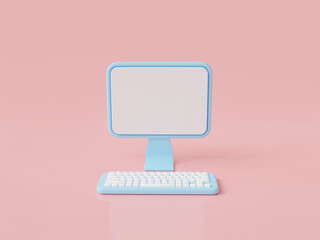 Poster - Sky blue computer display  blank screen display icon isolated on pink background with copy space. Modern desktop PC. cartoon minimal style. 3d rendering illustration
