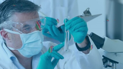 Poster - Animation of balls falling over caucasian male lab worker using microscope