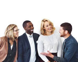 Wall Mural - Successful is the one hand that washes the other. Cropped shot of a group of confident entrepreneurs talking against a white background.