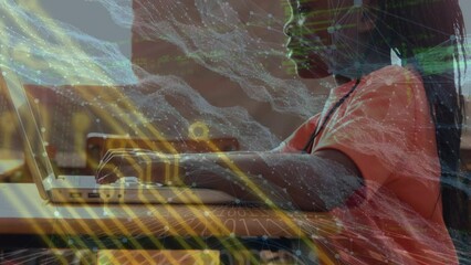 Canvas Print - Animation of data processing and waves over african american girl using laptop at school