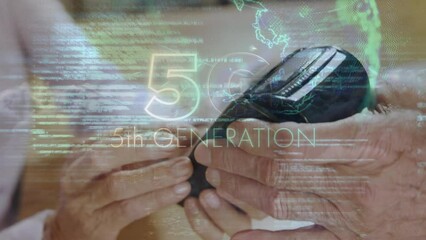 Poster - 5g text, globe and data processing against close up of a person using card machine to make payment