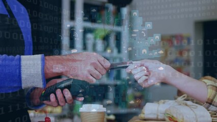 Poster - Globe of digital icons spinning against mid section of a person making a payment using a credit card