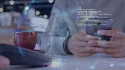 Poster - Data processing and spinning globe over mid section of a man making a payment using his smartphone