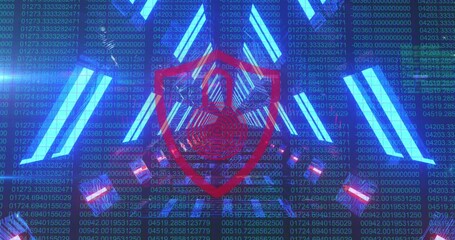 Poster - Security padlock over shield icon against glowing tunnel and binary coding data processing