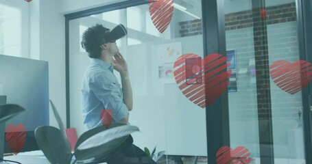 Poster - Multiple red heart icons falling over caucasian wearing vr headset at office