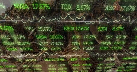 Poster - Stock market data processing against heap of scrap at junkyard