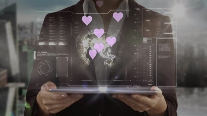 Poster - Animation of pink hearts and data processing over caucasian businesswoman with tablet